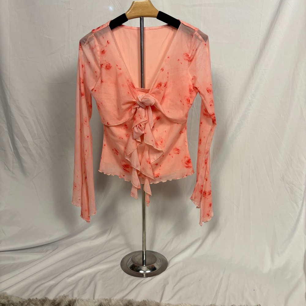 Floral Pink/Peach Tie-Front Y2K Fairycore Long Sleeve Top Sz S